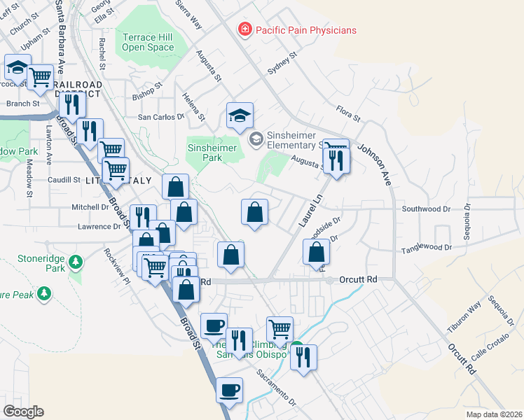 map of restaurants, bars, coffee shops, grocery stores, and more near 1033 Southwood Drive in San Luis Obispo