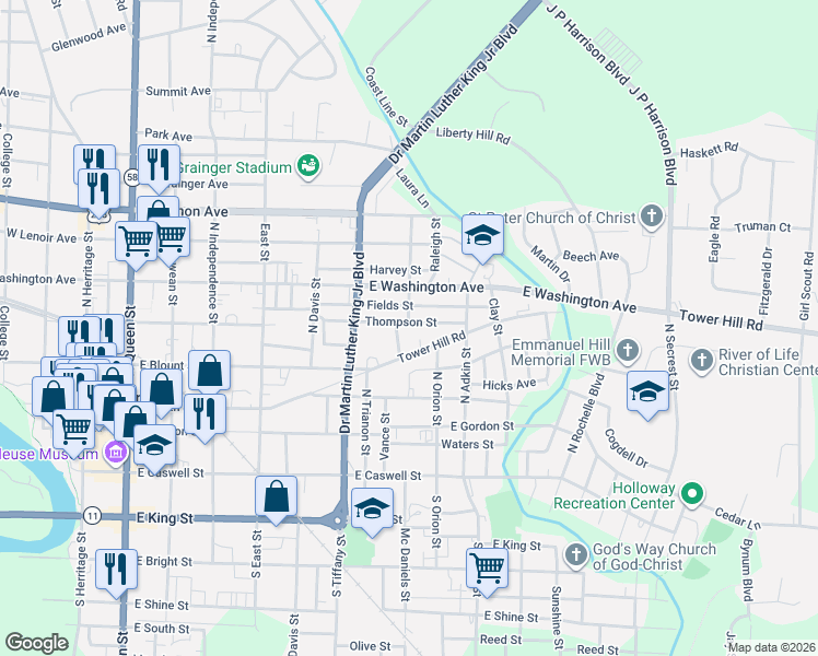 map of restaurants, bars, coffee shops, grocery stores, and more near 813 Thompson Street in Kinston