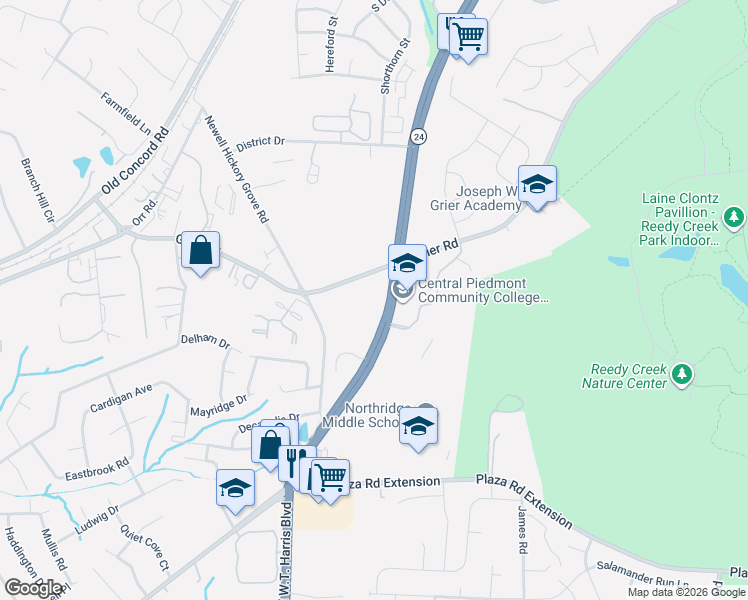 map of restaurants, bars, coffee shops, grocery stores, and more near 3606 Huyton Court in Charlotte