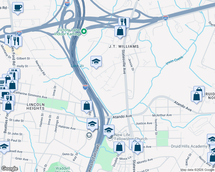 map of restaurants, bars, coffee shops, grocery stores, and more near in Charlotte