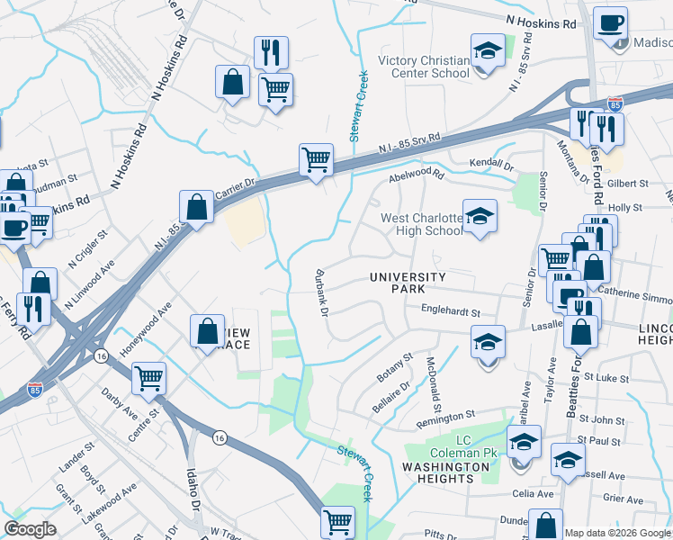 map of restaurants, bars, coffee shops, grocery stores, and more near 3138 Burbank Drive in Charlotte