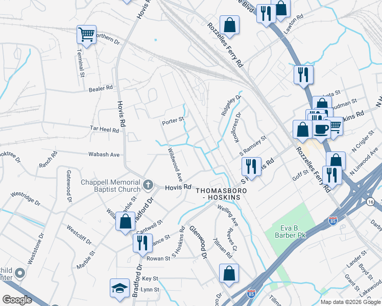 map of restaurants, bars, coffee shops, grocery stores, and more near 4607 Sampson Street in Charlotte