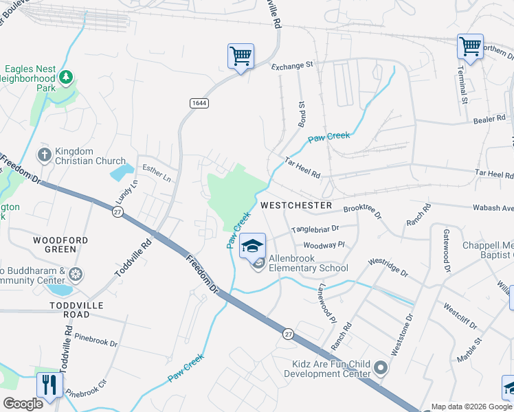 map of restaurants, bars, coffee shops, grocery stores, and more near 1201 Allenbrook Drive in Charlotte