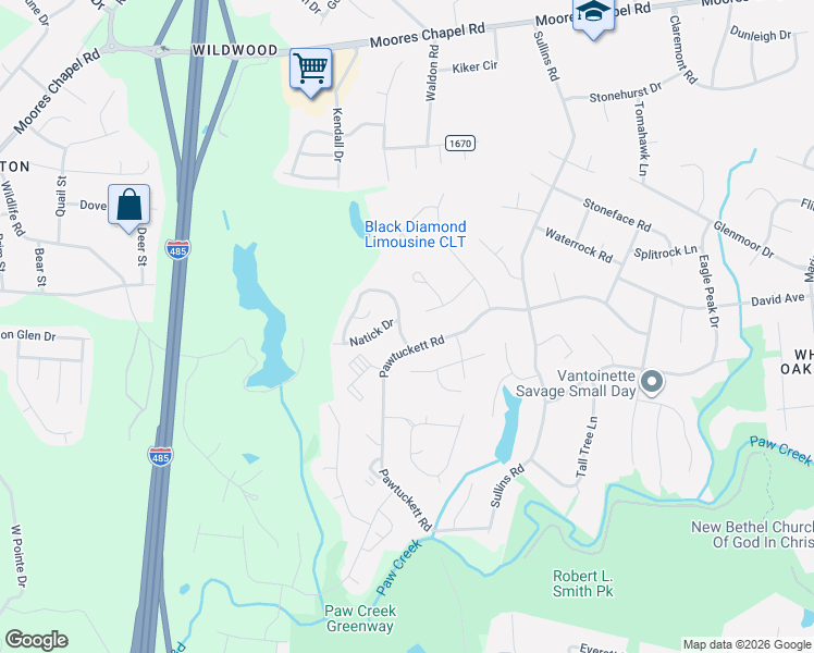 map of restaurants, bars, coffee shops, grocery stores, and more near 6328 Pennacook Drive in Charlotte