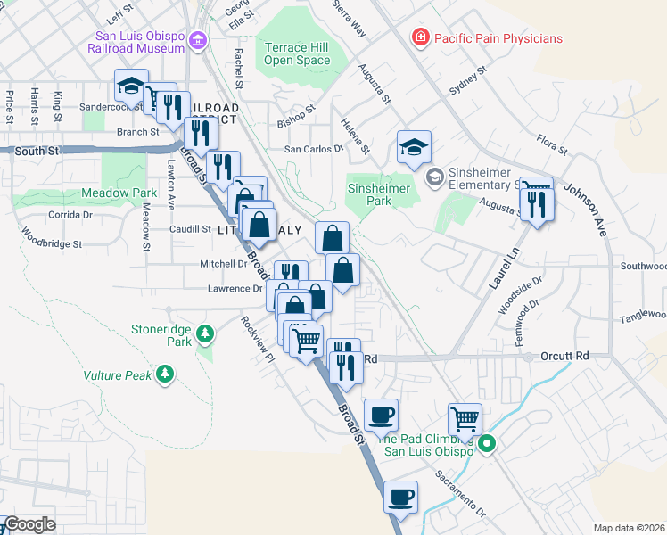 map of restaurants, bars, coffee shops, grocery stores, and more near 2705 McMillan Avenue in San Luis Obispo
