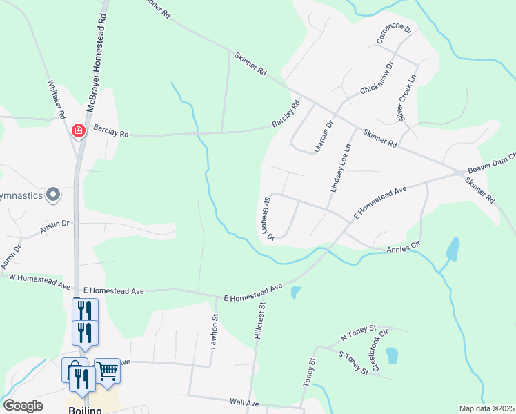 map of restaurants, bars, coffee shops, grocery stores, and more near 130 Sir Gregory Drive in Shelby