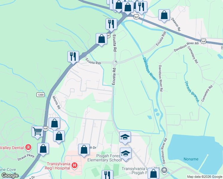 map of restaurants, bars, coffee shops, grocery stores, and more near 483 Big Bend Road in Brevard