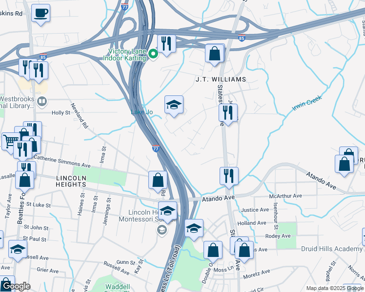 map of restaurants, bars, coffee shops, grocery stores, and more near 2440 Julia Avenue in Charlotte