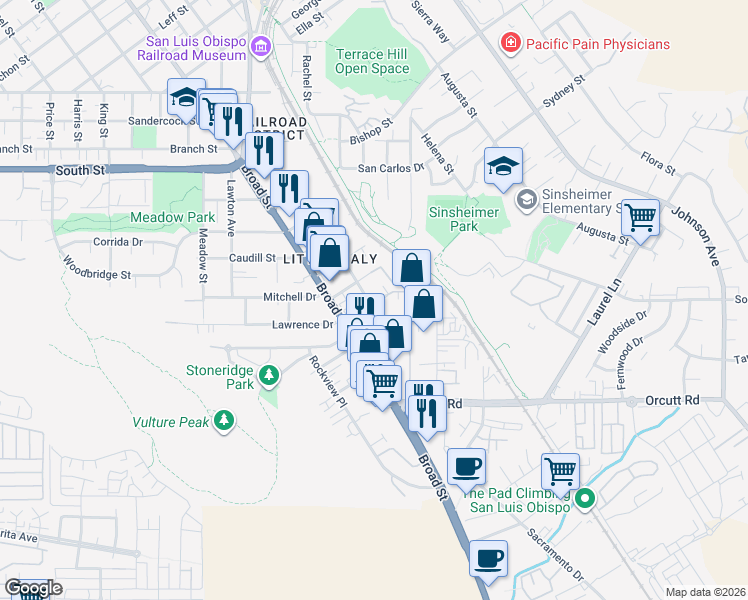 map of restaurants, bars, coffee shops, grocery stores, and more near 814 Victoria Avenue in San Luis Obispo