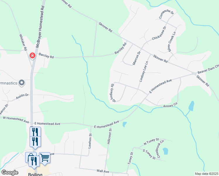 map of restaurants, bars, coffee shops, grocery stores, and more near 130 Sir Gregory Drive in Shelby