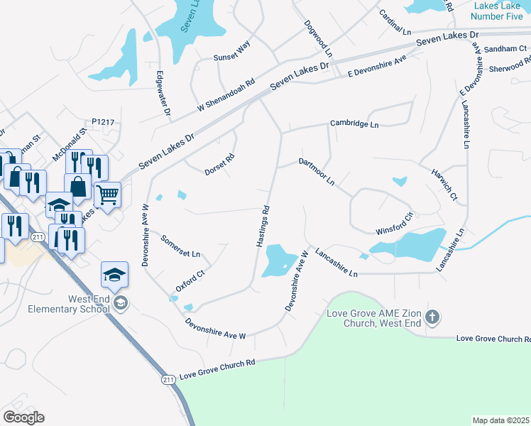 map of restaurants, bars, coffee shops, grocery stores, and more near Hastings Road in Seven Lakes