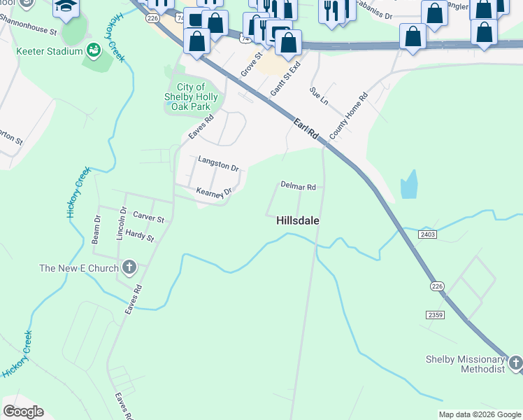 map of restaurants, bars, coffee shops, grocery stores, and more near 128 Delmar Road in Shelby