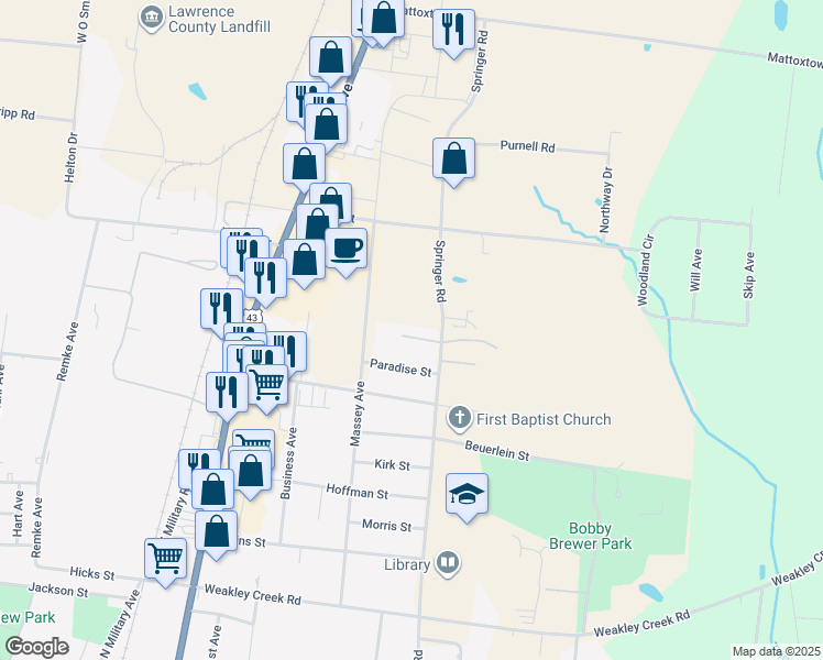 map of restaurants, bars, coffee shops, grocery stores, and more near 408 Claymar Drive in Lawrenceburg