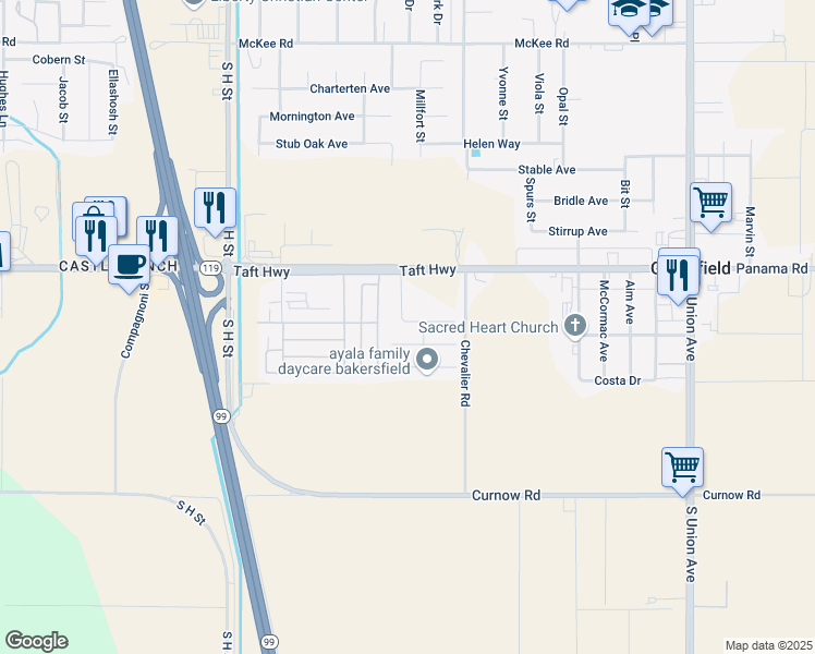 map of restaurants, bars, coffee shops, grocery stores, and more near 1225 California 119 in Bakersfield