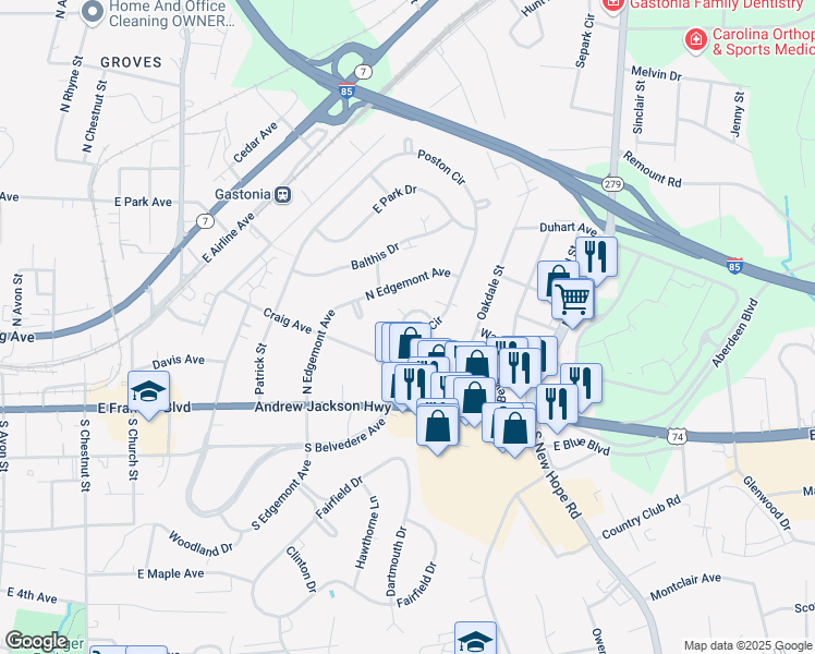 map of restaurants, bars, coffee shops, grocery stores, and more near 114 Eastover Drive in Gastonia