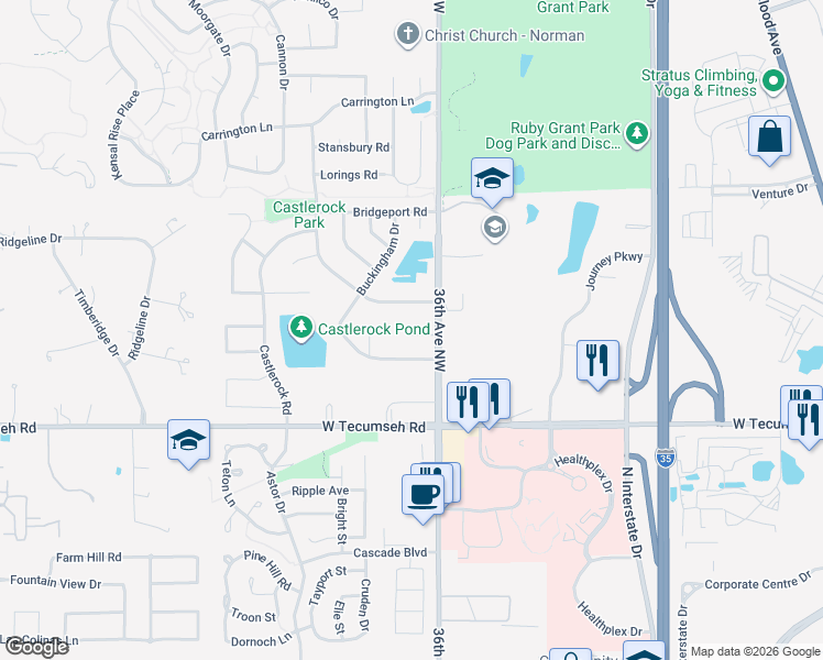 map of restaurants, bars, coffee shops, grocery stores, and more near 3800 36th Avenue Northwest in Norman
