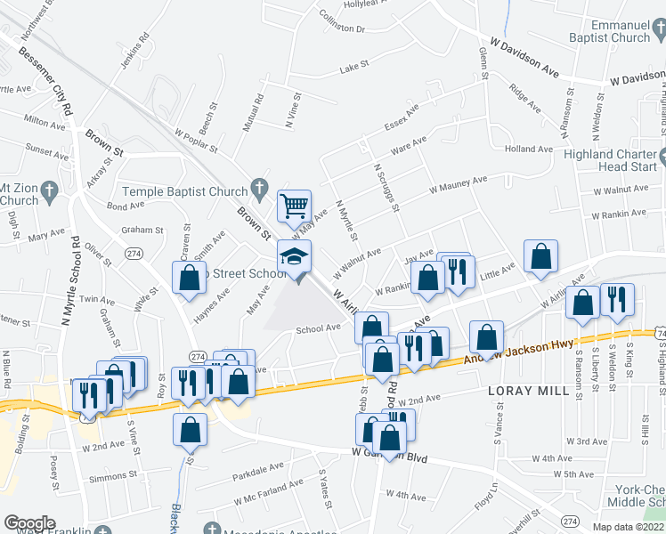 map of restaurants, bars, coffee shops, grocery stores, and more near 1605 Martin Avenue in Gastonia