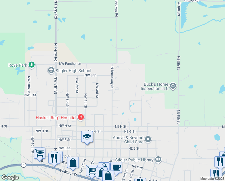 map of restaurants, bars, coffee shops, grocery stores, and more near 1198 North Broadway Street in Stigler
