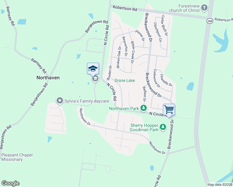 map of restaurants, bars, coffee shops, grocery stores, and more near 5094 North Circle Road in Memphis