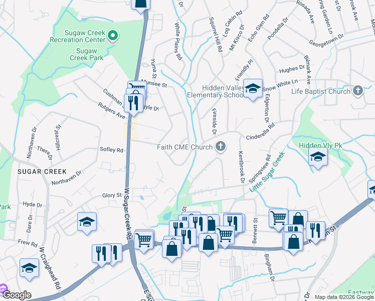 map of restaurants, bars, coffee shops, grocery stores, and more near 4635 Cinderella Road in Charlotte