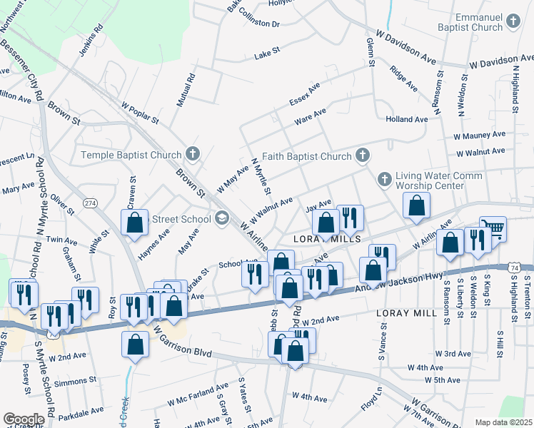 map of restaurants, bars, coffee shops, grocery stores, and more near 1501 West Walnut Avenue in Gastonia