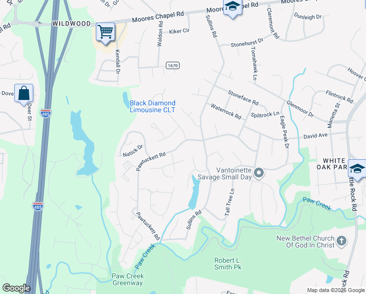 map of restaurants, bars, coffee shops, grocery stores, and more near 7311 Pawtuckett Road in Charlotte