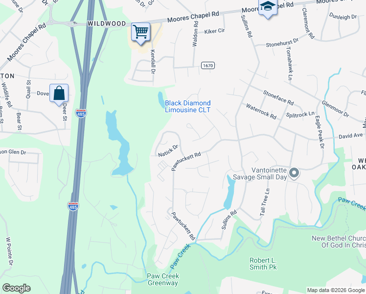 map of restaurants, bars, coffee shops, grocery stores, and more near 6328 Pennacook Drive in Charlotte
