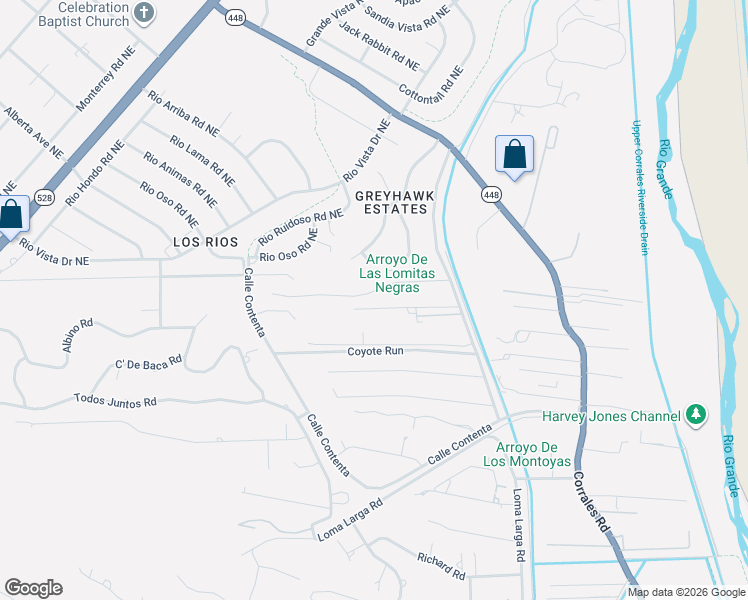 map of restaurants, bars, coffee shops, grocery stores, and more near 90 Estrella Brilliante Street in Corrales