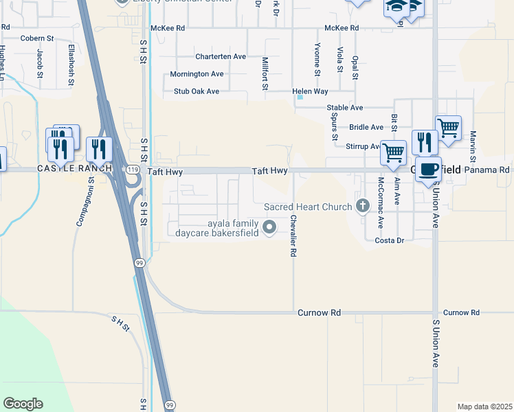 map of restaurants, bars, coffee shops, grocery stores, and more near 1225 California 119 in Bakersfield