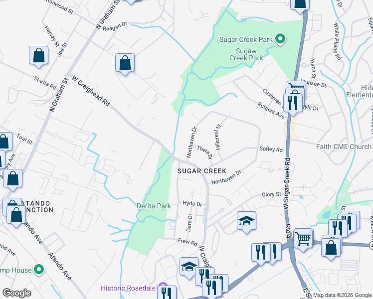 map of restaurants, bars, coffee shops, grocery stores, and more near 4808 Northaven Drive in Charlotte