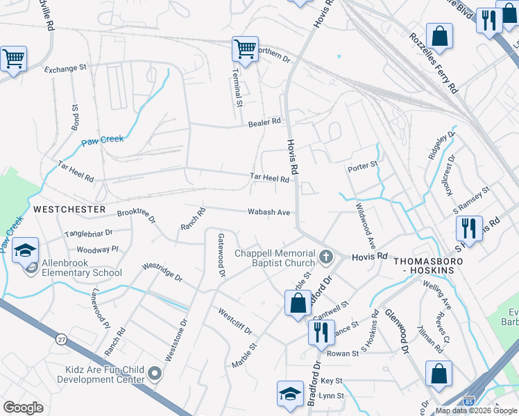 map of restaurants, bars, coffee shops, grocery stores, and more near 822 Wabash Avenue in Charlotte