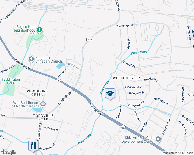map of restaurants, bars, coffee shops, grocery stores, and more near 174 Park Fairfax Drive in Charlotte