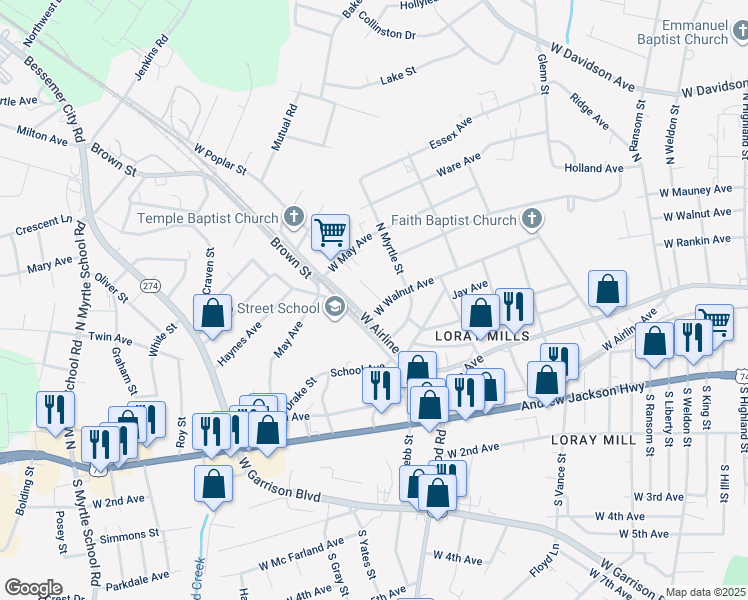 map of restaurants, bars, coffee shops, grocery stores, and more near 1605 Martin Avenue in Gastonia