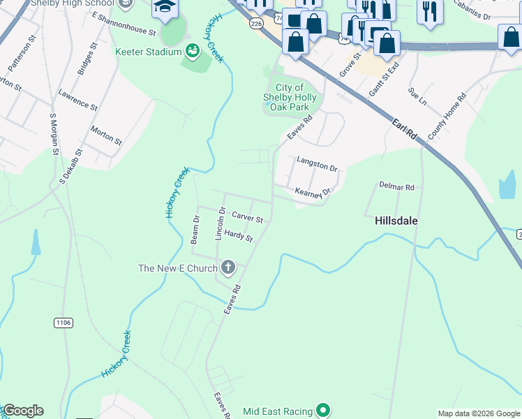 map of restaurants, bars, coffee shops, grocery stores, and more near 837 Quinn Drive in Shelby