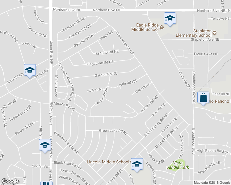 map of restaurants, bars, coffee shops, grocery stores, and more near 2406 Istle Road Northeast in Rio Rancho