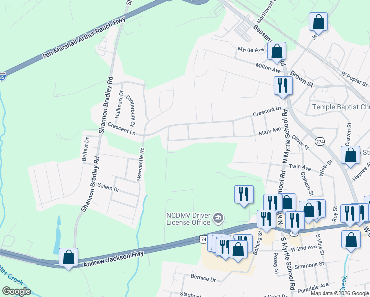 map of restaurants, bars, coffee shops, grocery stores, and more near 2801 Mary Avenue in Gastonia