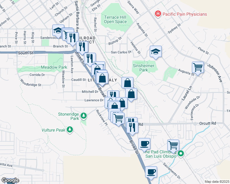 map of restaurants, bars, coffee shops, grocery stores, and more near 814 Victoria Avenue in San Luis Obispo