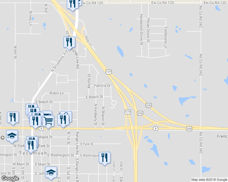 map of restaurants, bars, coffee shops, grocery stores, and more near 805 Patricia Drive in Tecumseh