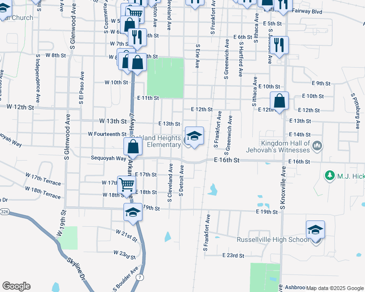 map of restaurants, bars, coffee shops, grocery stores, and more near 1501 South Detroit Avenue in Russellville