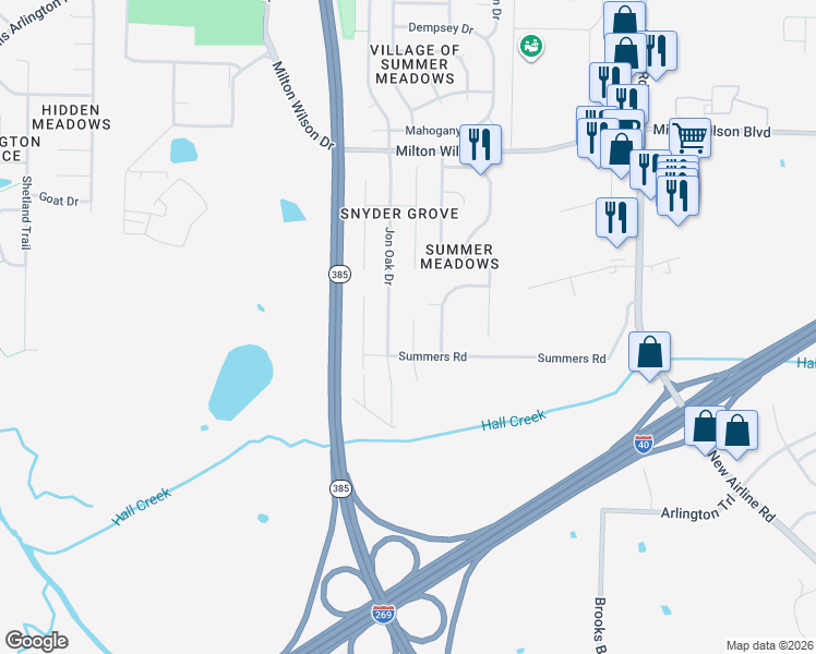 map of restaurants, bars, coffee shops, grocery stores, and more near 5095 Millus Cove in Arlington