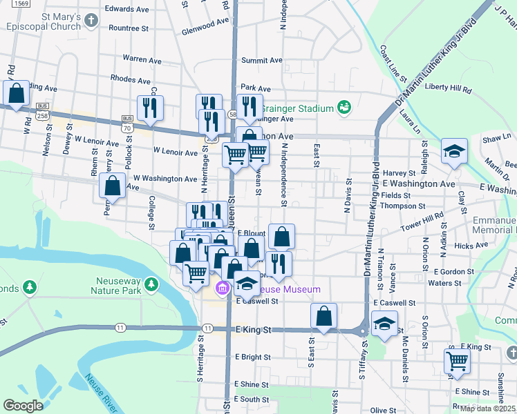 map of restaurants, bars, coffee shops, grocery stores, and more near North McLewean Street in Kinston