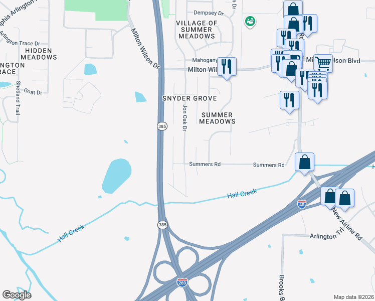 map of restaurants, bars, coffee shops, grocery stores, and more near 5095 Millus Cove in Arlington