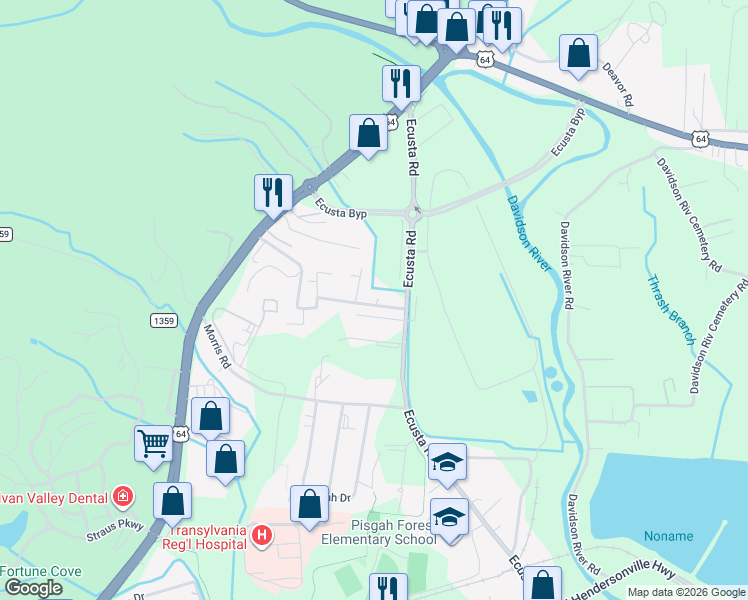 map of restaurants, bars, coffee shops, grocery stores, and more near 483 Big Bend Road in Brevard