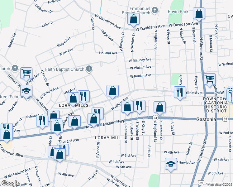 map of restaurants, bars, coffee shops, grocery stores, and more near 1018 Gaston Avenue in Gastonia