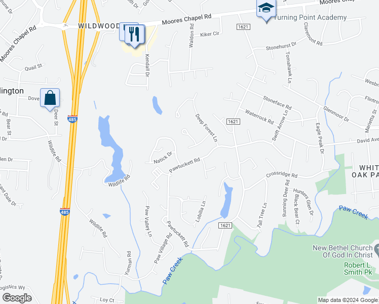 map of restaurants, bars, coffee shops, grocery stores, and more near 7413 Pine Bluff Circle in Charlotte