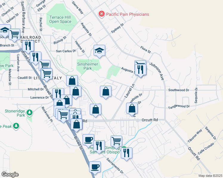 map of restaurants, bars, coffee shops, grocery stores, and more near 1033 Southwood Drive in San Luis Obispo