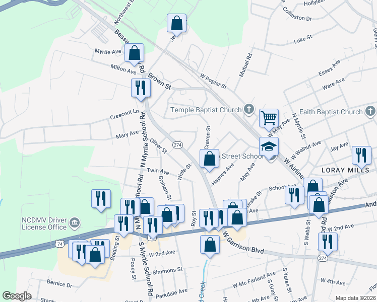 map of restaurants, bars, coffee shops, grocery stores, and more near 510 North Carolina 274 in Gastonia