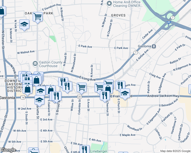 map of restaurants, bars, coffee shops, grocery stores, and more near 500 East Long Avenue in Gastonia