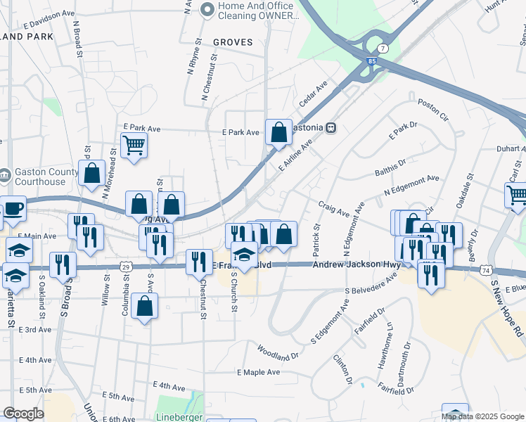 map of restaurants, bars, coffee shops, grocery stores, and more near 1003 Warren Street in Gastonia
