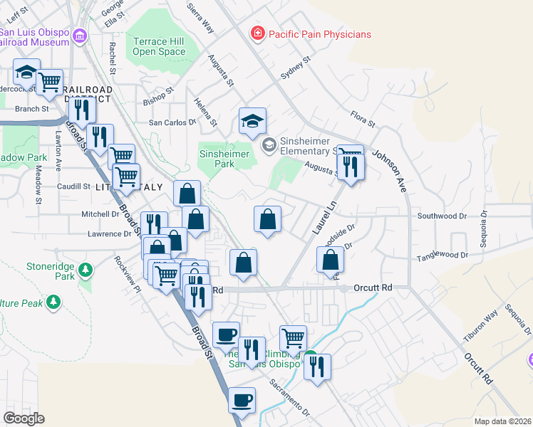 map of restaurants, bars, coffee shops, grocery stores, and more near 1027 Southwood Drive in San Luis Obispo